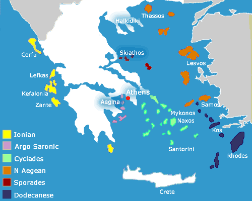 Greek Island clusters, Cyclades, Ionian, Dodecanese