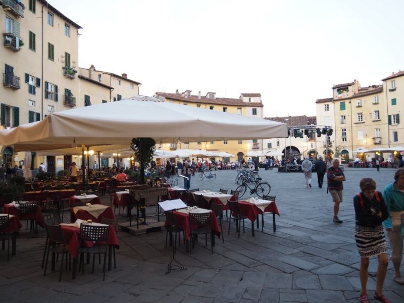 Medieval walled city, Lucca, Italy, town square,