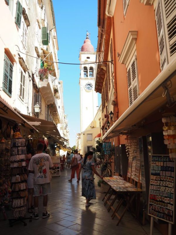 Corfu Old Town, shopping, Greek Islands, Ionian Islands, church steeple